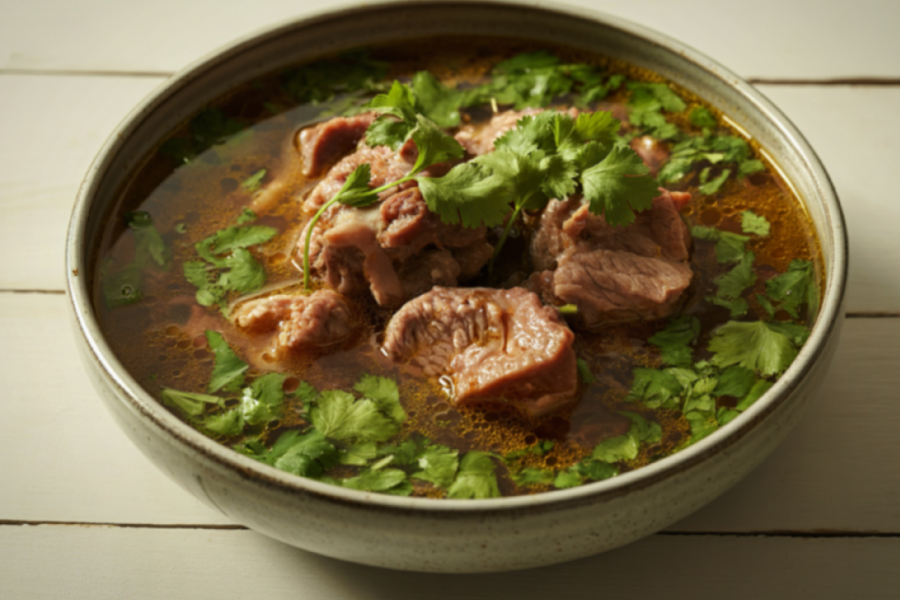 Bowl of local NC farm pasture raised pork bones stew with green herbs on a wooden surface