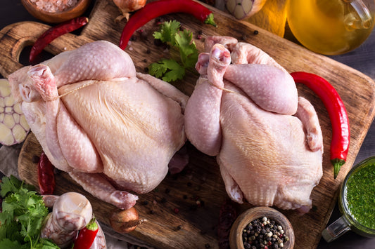 Two raw pasture raised whole chickens, part of our Bulk pasture raised chickens deal with subscription available in NC