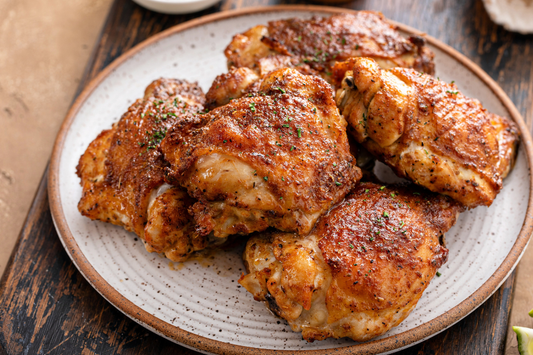 Carolina Pastures pasture raised no GMO no antibiotics chicken thighs, roasted 