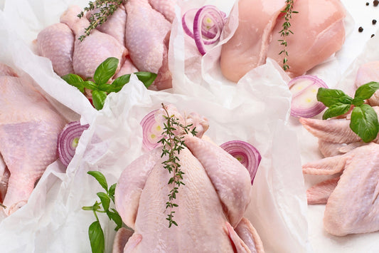 Sample Pasture Raised Chicken, Turkey and Duck cuts from our Monthly poultry delivery, including chicken drumsticks, turkey breast and whole chicken