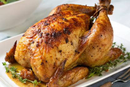 A pasture-raised whole chicken, shown roasted, is a sample cut in our monthly meat and poultry subscriptions