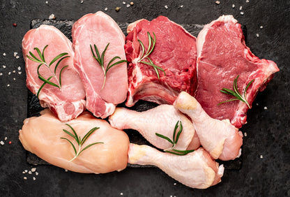Sample cuts of pasture raised chicken, pork, and beef from our best meat CSA in North Carolina