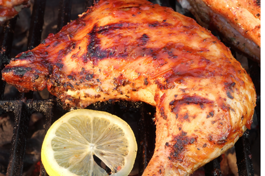 Grilled pasture-raised local Turkey Leg Quarter with BBQ sauce