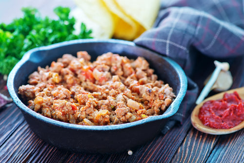 Pasture raised ground turkey, non-GMO, sauteed in a cast iron skillet, local NC farm fresh delivery